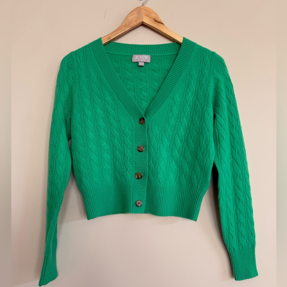 J.Crew Kelly Green Cropped Cable Knit Cashmere Cardigan